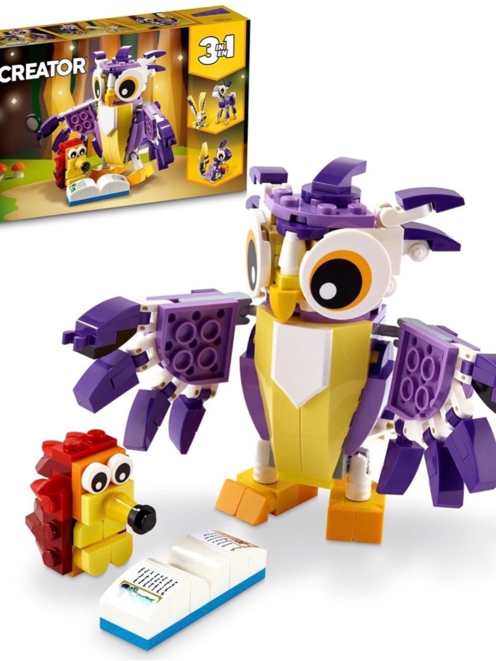 Lego Creator Purple and Yellow Owl 3-in-1 Building Set with Red Companion.